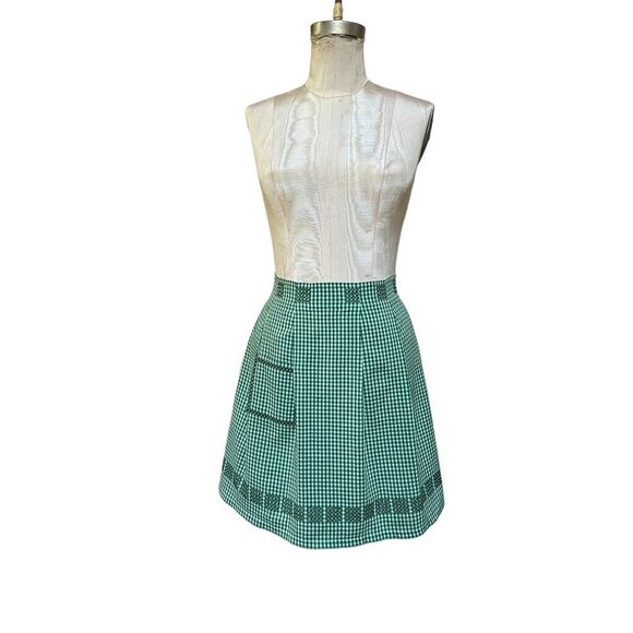 Vintage Handmade Hostess/Kitchen Apron Green Gingham Embroidered X - Picture 1 of 7